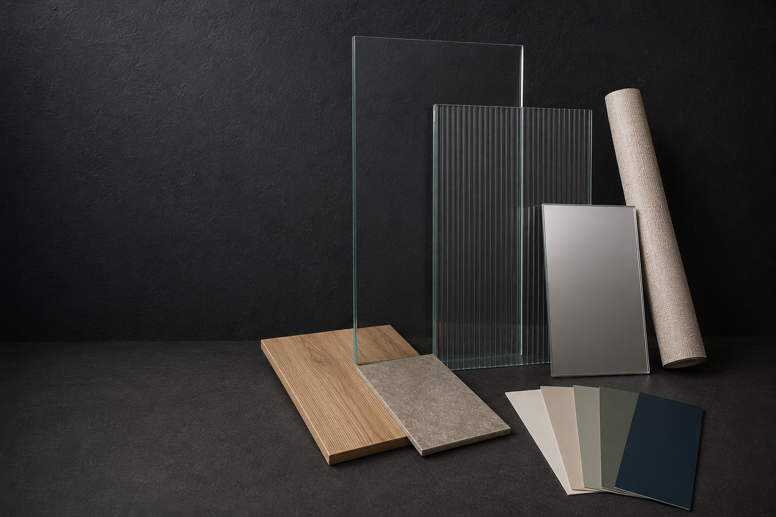Échantillons de verre, miroir, bois et nuancier présentés ensemble