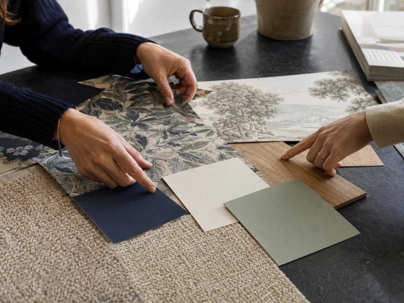 Conseil couleurs et matières : nuancier peinture, échantillon papier peint et bois sur table d'atelier