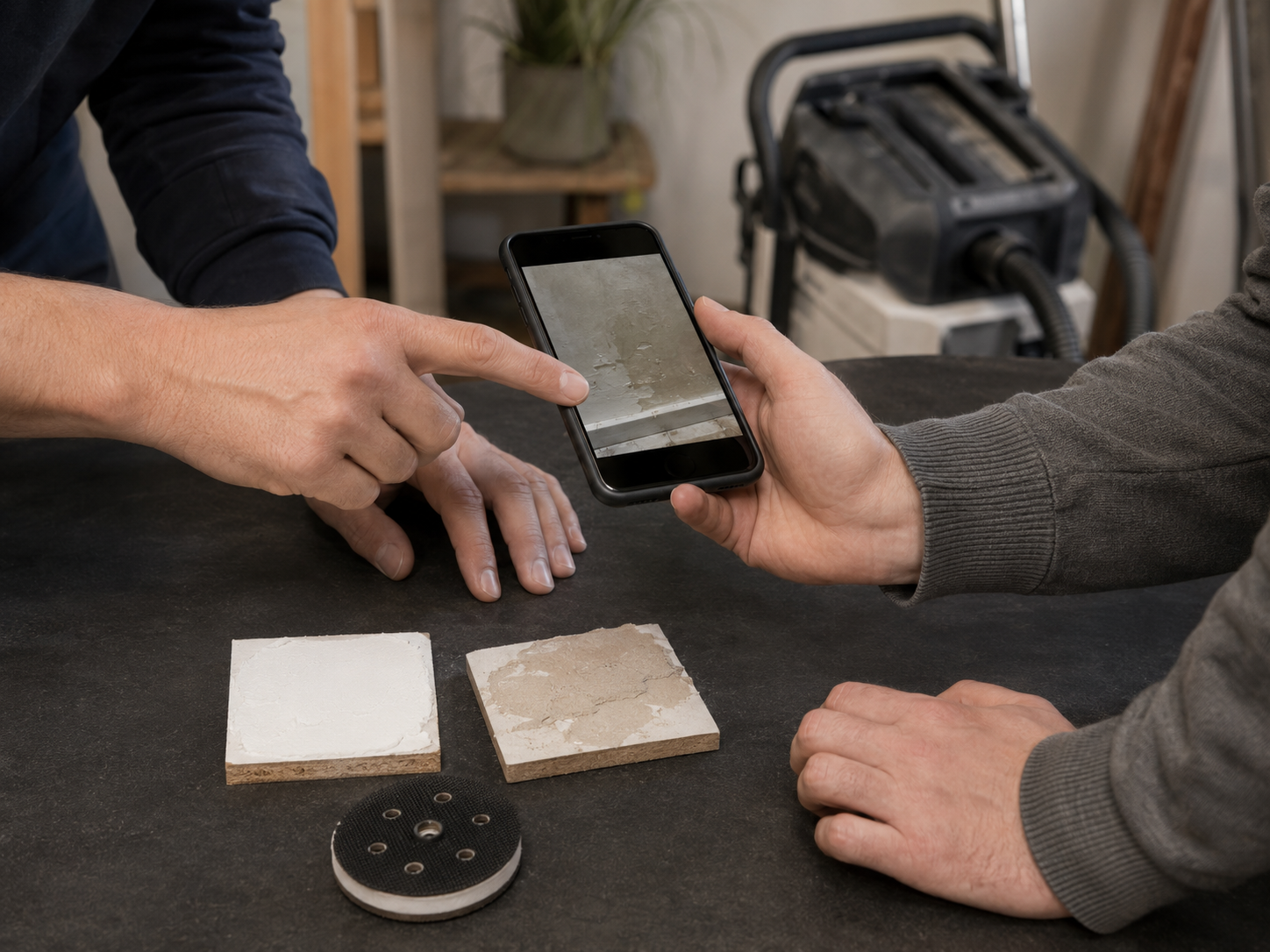 Conseiller en boutique aidant un client à choisir le bon matériel à partir d'une photo du support