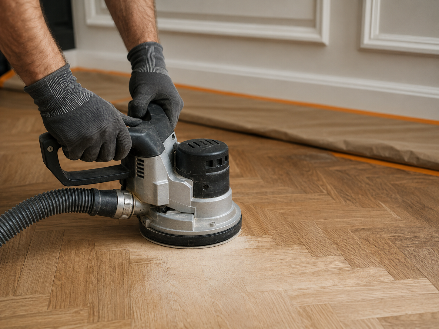 Ponceuse professionnelle en action sur un parquet chevrons — matériel disponible à la location