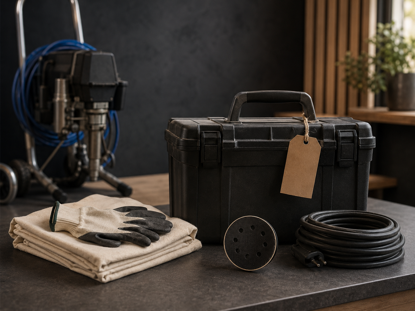 Kit de matériel prêt à la location — mallette, protection, patin de ponceuse et rallonge devant un airless