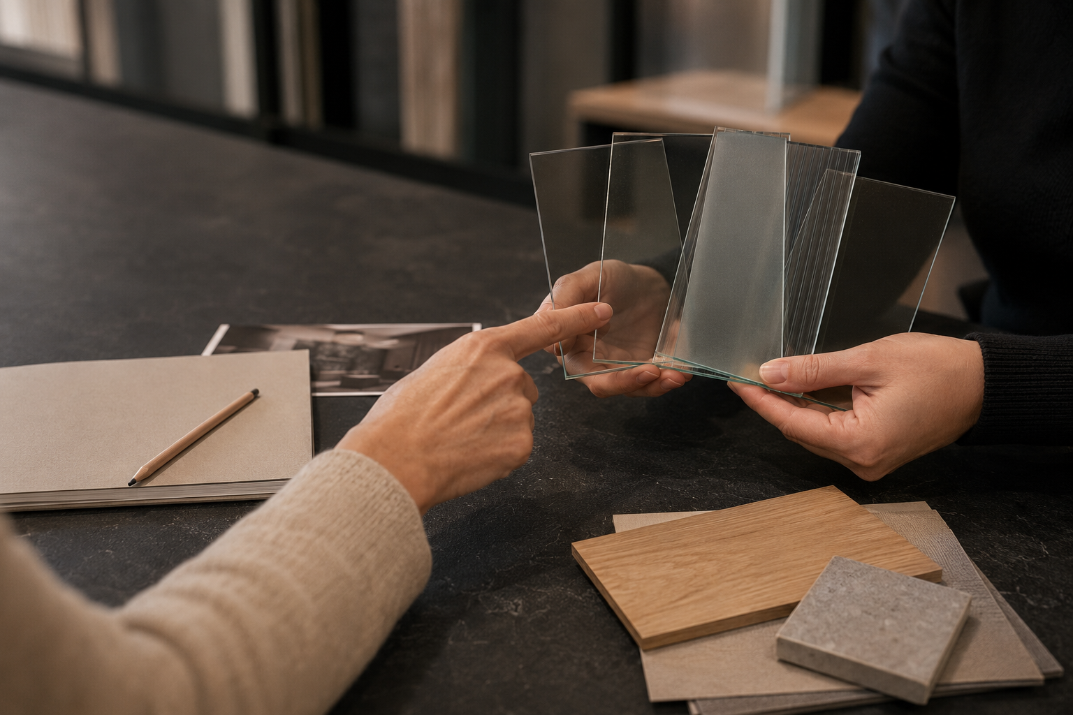 Conseil en boutique : échantillons de verre présentés au comptoir