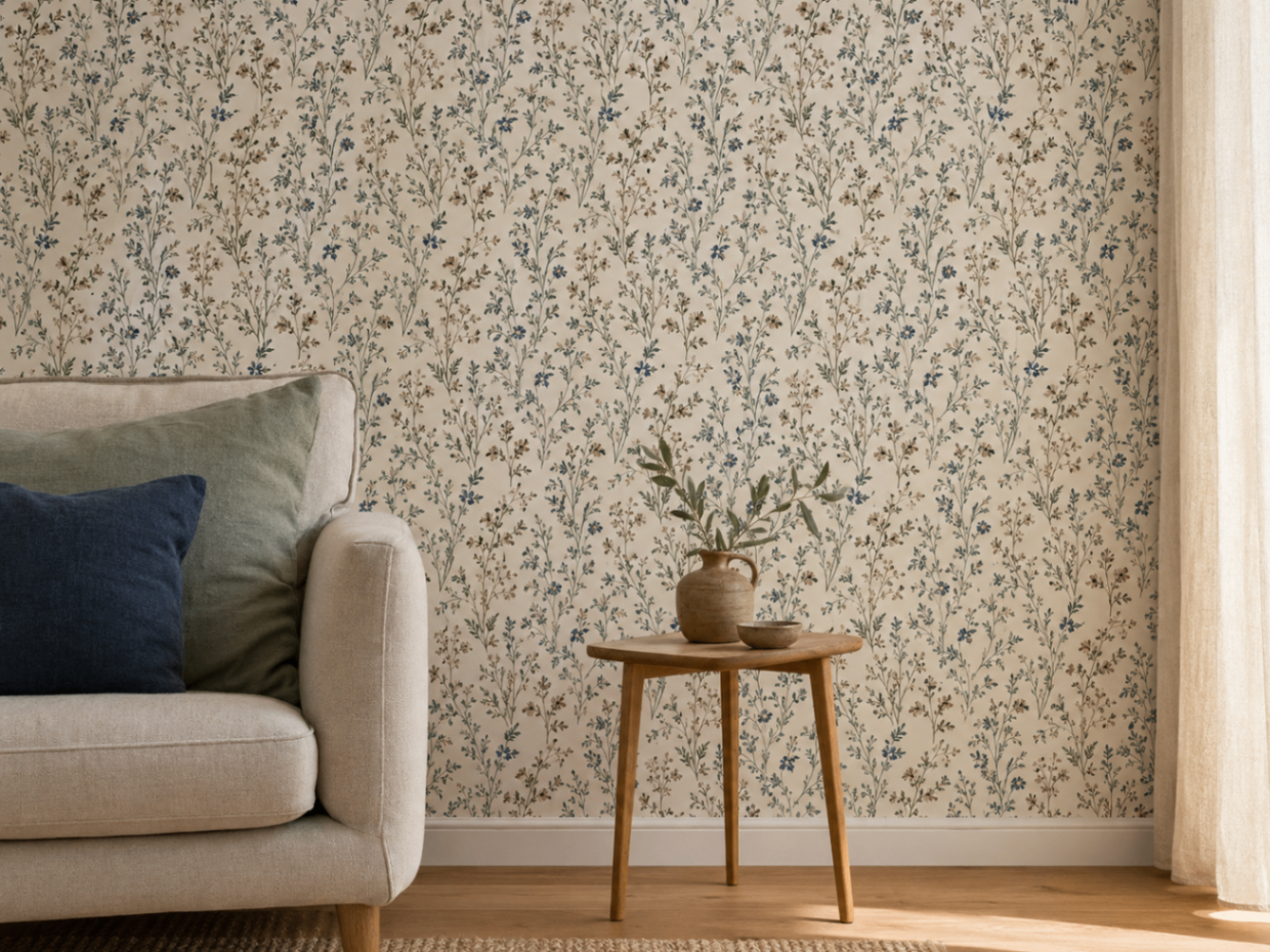 Papier peint fleuri dans un salon lumineux